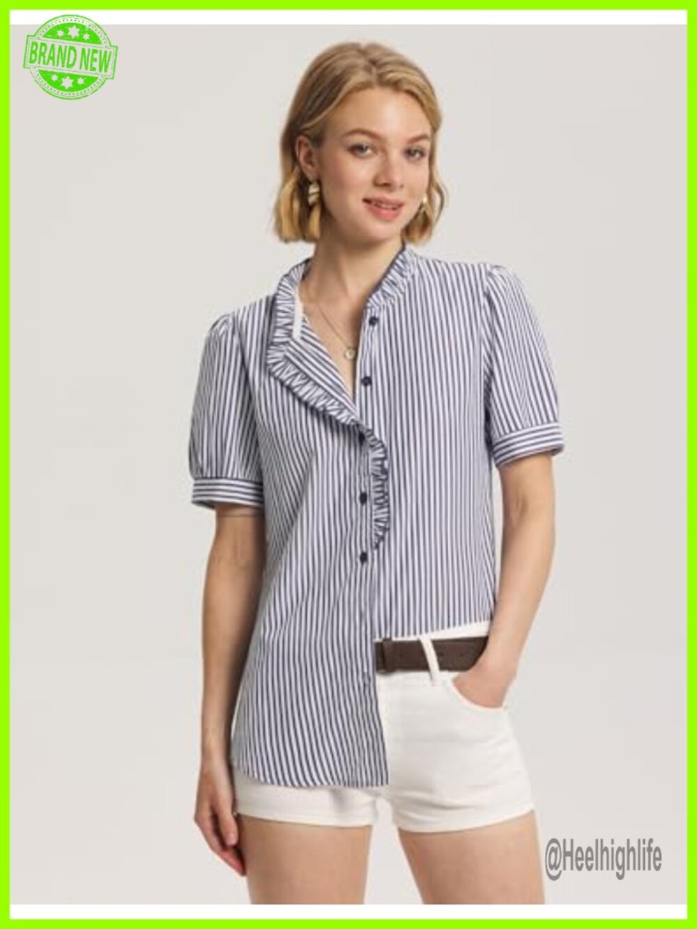 Puff Short Sleeve Ruffle Button Down Shirt for Women Office Work Blouse - Picture 5 of 6